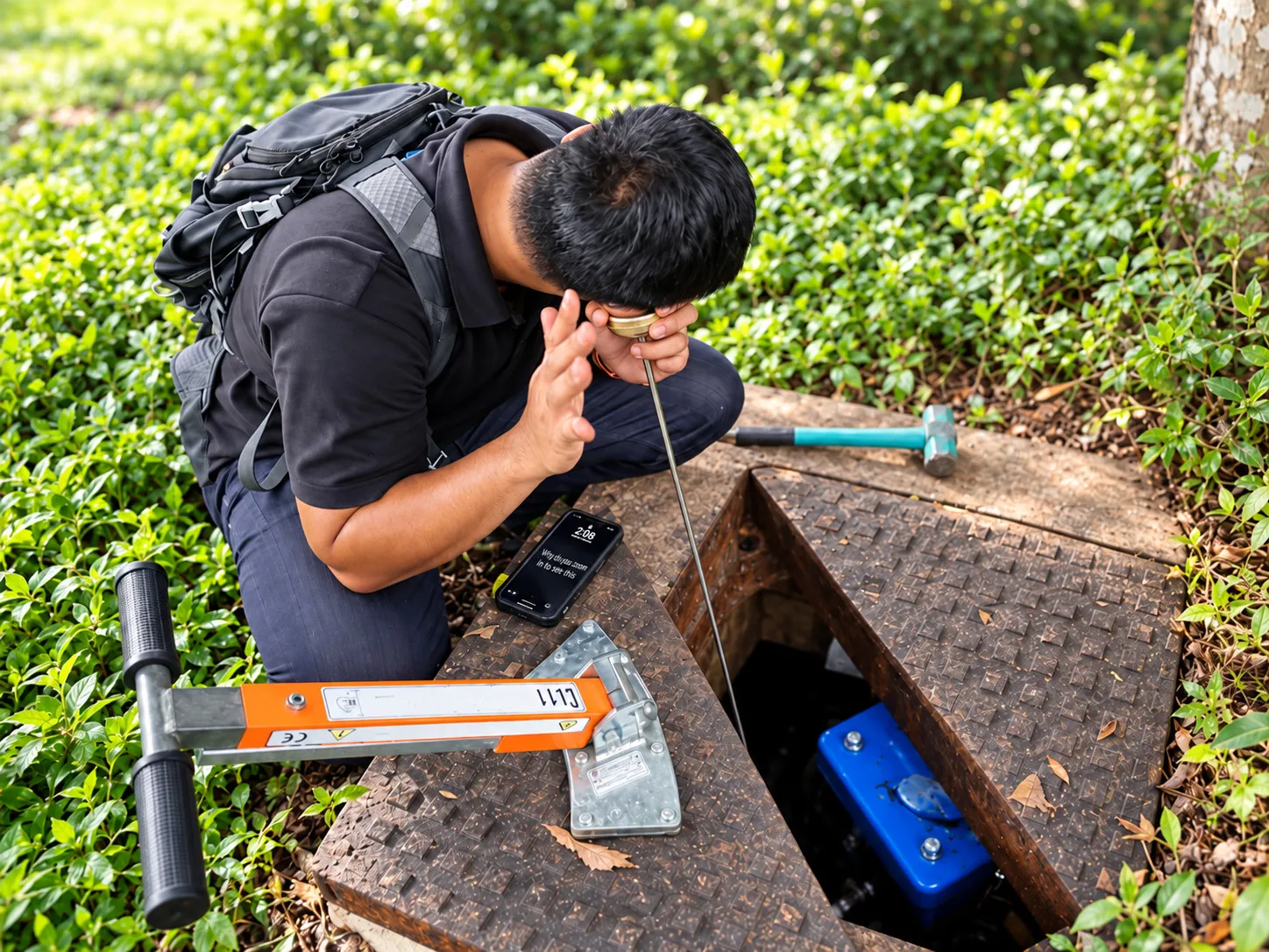 Technician using listening equipment to investigate a water pipe at an open utility chamber
