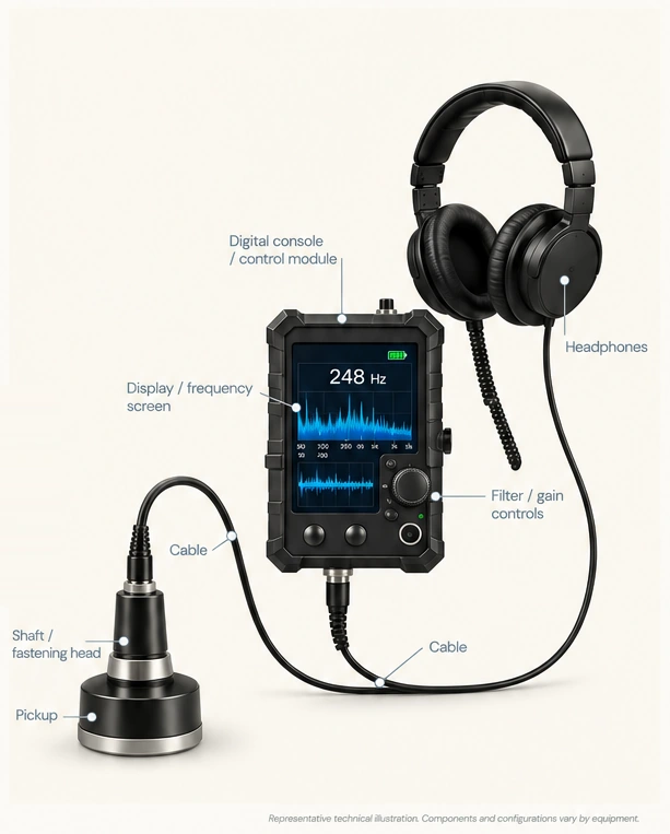 Ground microphone acoustic pickup connected to a digital leak-noise display and headphones
